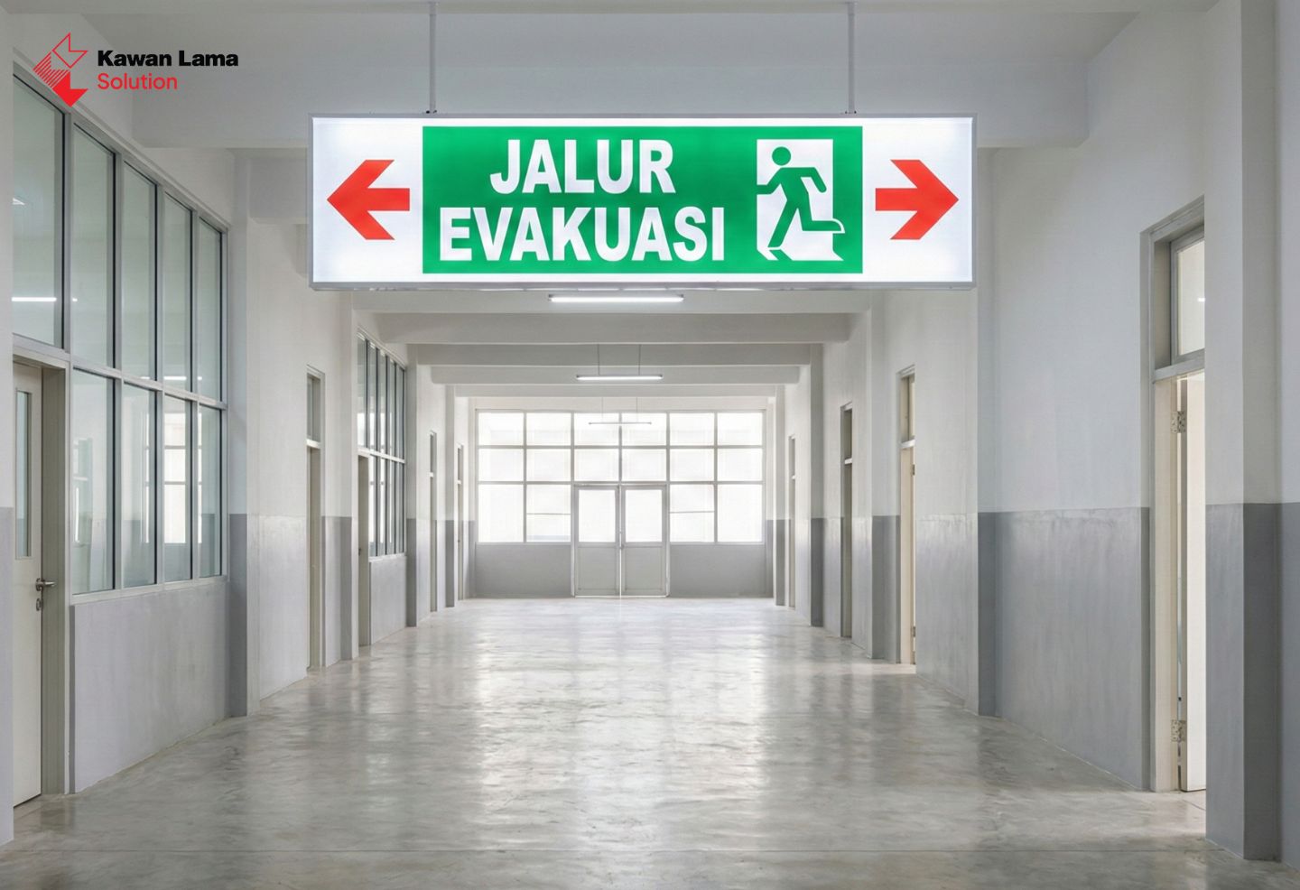 Peta denah jalur evakuasi darurat di gedung tinggi dengan tanda panah hijau dan ikon titik kumpul.