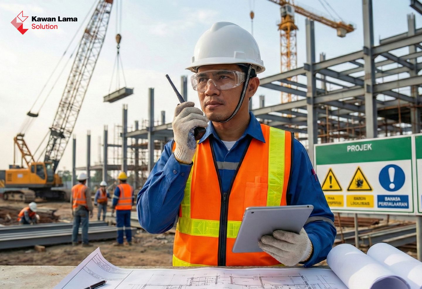 Seorang safety officer profesional mengenakan helm safety dan APD sedang melakukan inspeksi di lokasi proyek konstruksi.