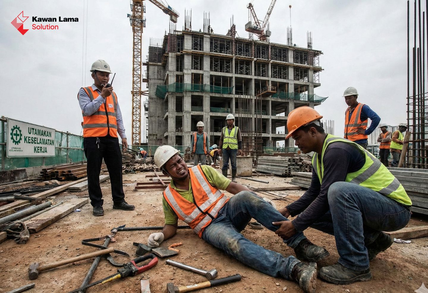 Petugas K3 sedang melakukan investigasi di lokasi kecelakaan kerja dengan fokus pada penyebab kecelakaan kerja.