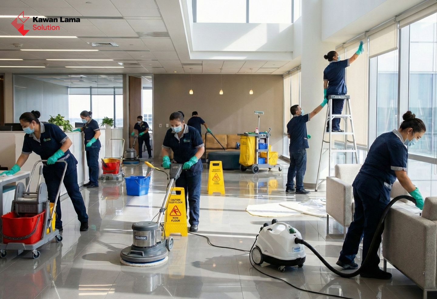 Ilustrasi orang sedang melakukan deep cleaning di rumah dengan berbagai alat kebersihan, menunjukkan area yang bersih dan rapi.