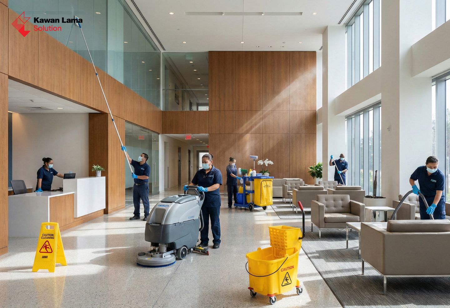 Ilustrasi seseorang sedang melakukan general cleaning di sebuah ruangan yang cerah, menyapu lantai dan mengelap meja dengan alat-alat kebersihan dasar.