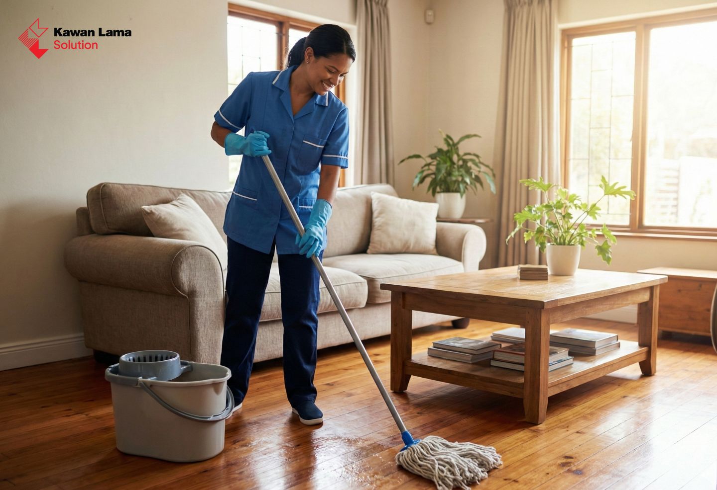 Seorang petugas kebersihan profesional sedang melakukan mopping lantai di sebuah kantor, menggunakan bucket mop dan warning sign untuk keamanan.