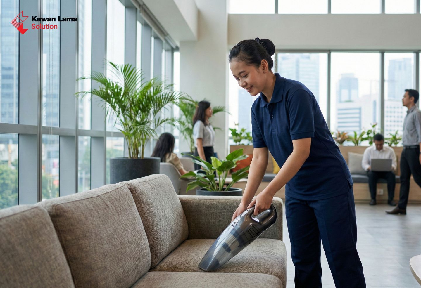 Seorang petugas kebersihan sedang melakukan dusting pada permukaan meja menggunakan lap mikrofiber, fokus pada detail dan kebersihan.