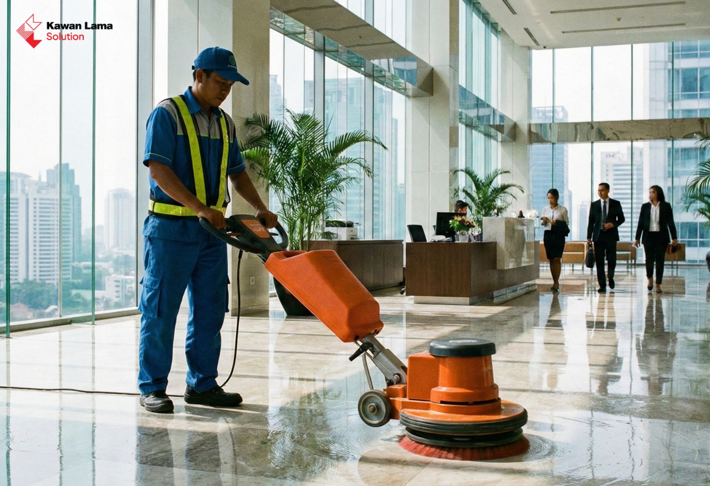 Seorang petugas kebersihan sedang mengoperasikan mesin polisher di area lobi gedung untuk membersihkan dan mengkilapkan lantai.