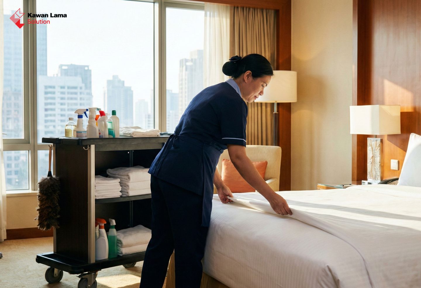 Seorang petugas housekeeping sedang membersihkan dan merapikan kamar hotel dengan peralatan kebersihan.