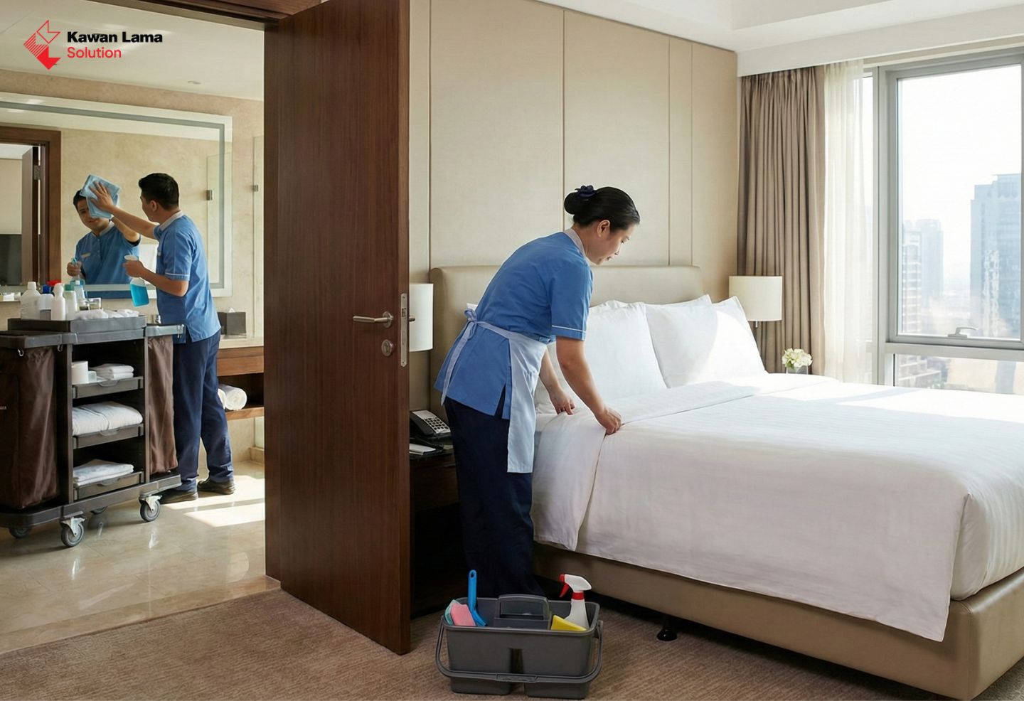 Seorang petugas housekeeping sedang melakukan mopping lantai di sebuah koridor, menunjukkan salah satu keterampilan dasar yang penting.