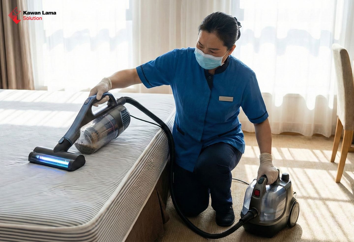 Seorang wanita sedang menggunakan vacuum cleaner untuk membersihkan kasur, menunjukkan salah satu cara membasmi kutu kasur yang efektif.