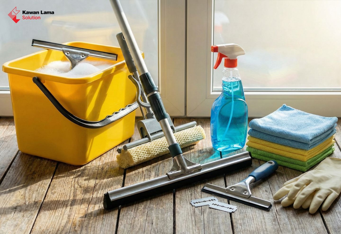 Seorang petugas kebersihan profesional sedang menggunakan squeegee dan lap untuk membersihkan kaca jendela, menunjukkan salah satu alat pembersih kaca yang paling efektif.