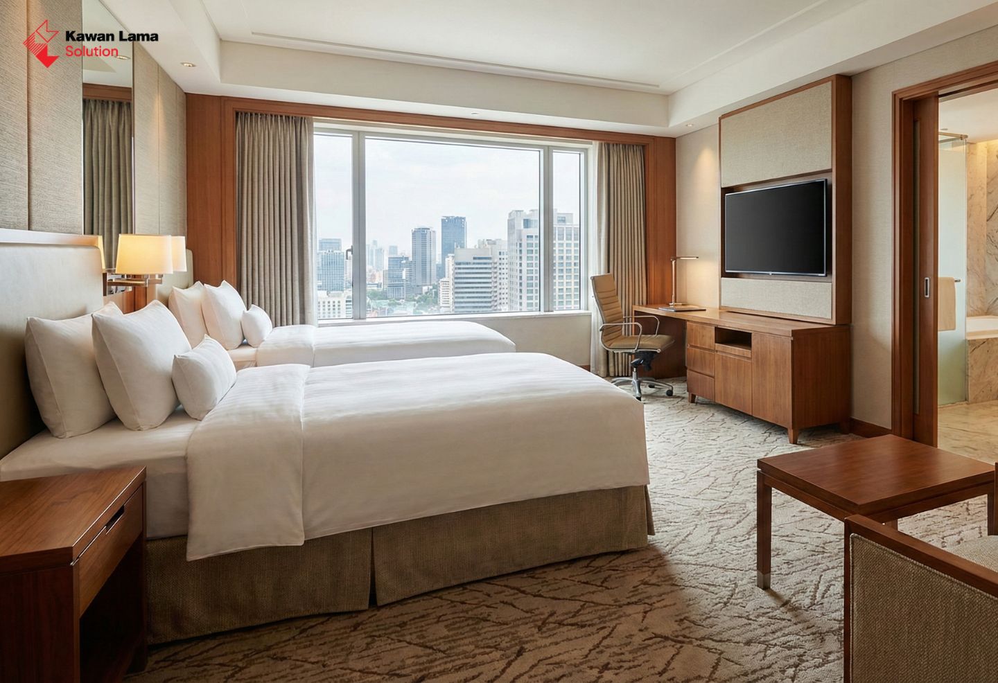 Ilustrasi tipe kamar hotel dengan dua tempat tidur terpisah (twin bed) yang bersih dan rapi, menunjukkan perbedaan fasilitas.