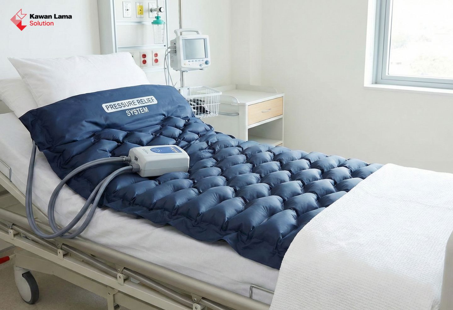 Sebuah kasur decubitus jenis pompa udara (alternating pressure mattress) yang sedang digunakan di ranjang rumah sakit untuk perawatan pasien.