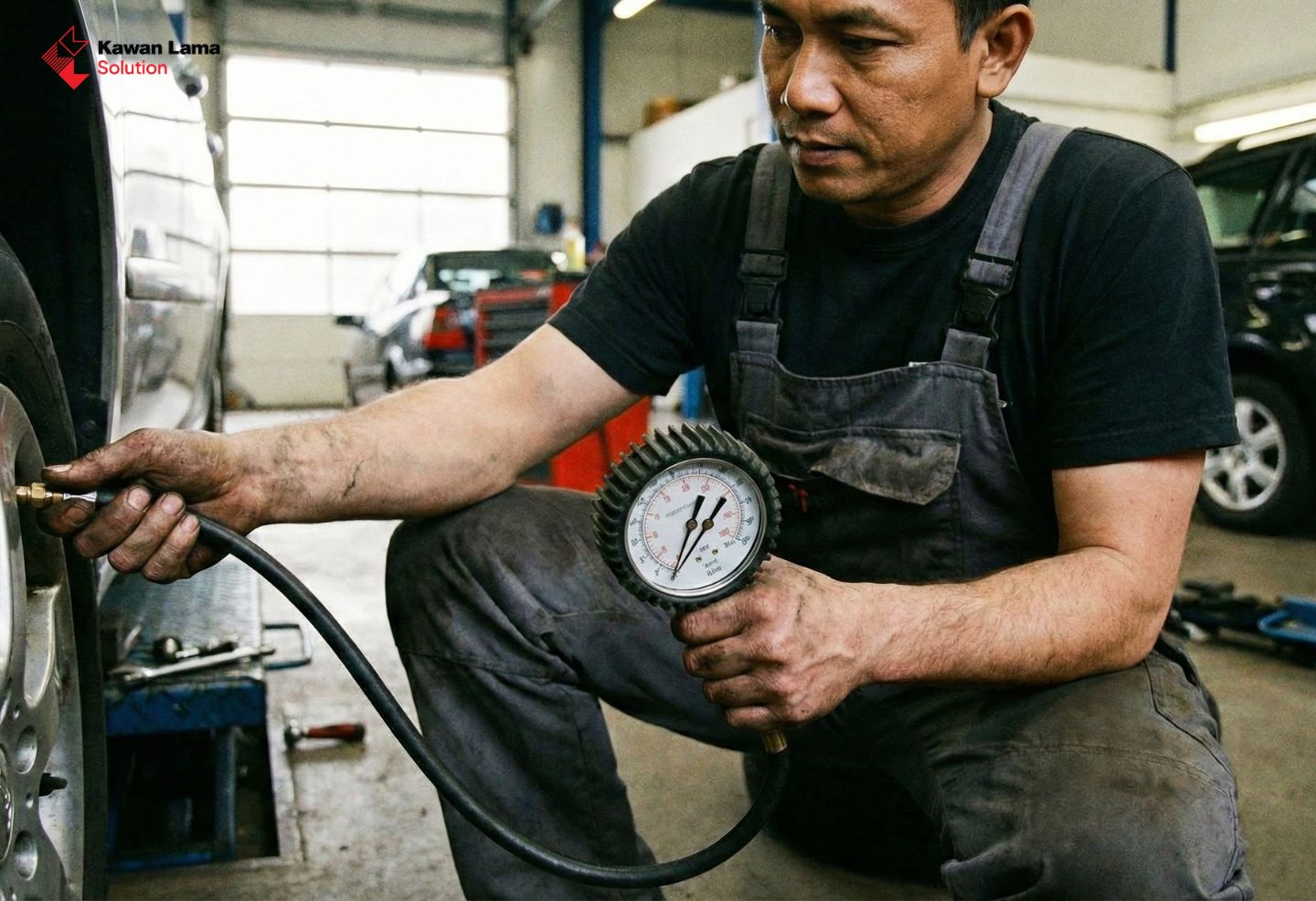 Tangan sedang menggunakan alat ukur tekanan ban digital untuk mengecek tekanan ban mobil.