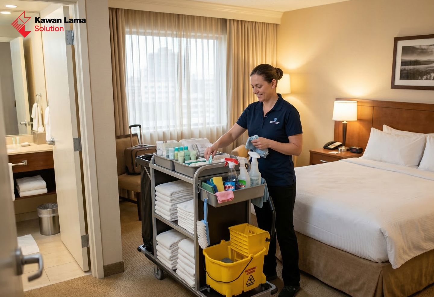 Sebuah troli kebersihan (cleaning trolley) berisi beragam alat-alat housekeeping manual dan bahan pembersih, siap digunakan di lingkungan profesional.